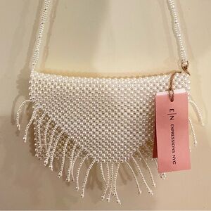 White Textured Crossbody Bag with Pink Tassel- Bridal